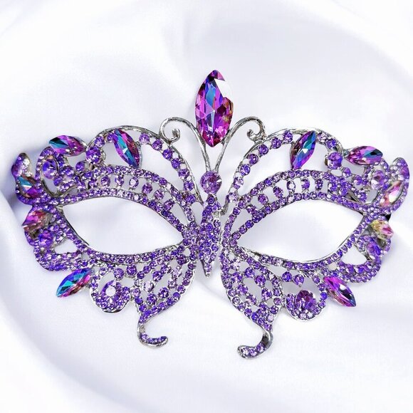 Purple Masquerade Ball Mask, Wedding Mask, Lavender Crystal Mask, Silver Mask - Picture 1 of 9